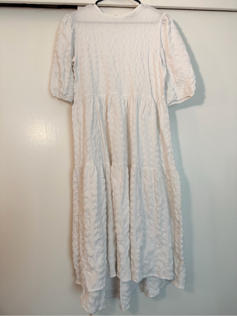 Boohoo White Textured Puff-Sleeve Midi Dress